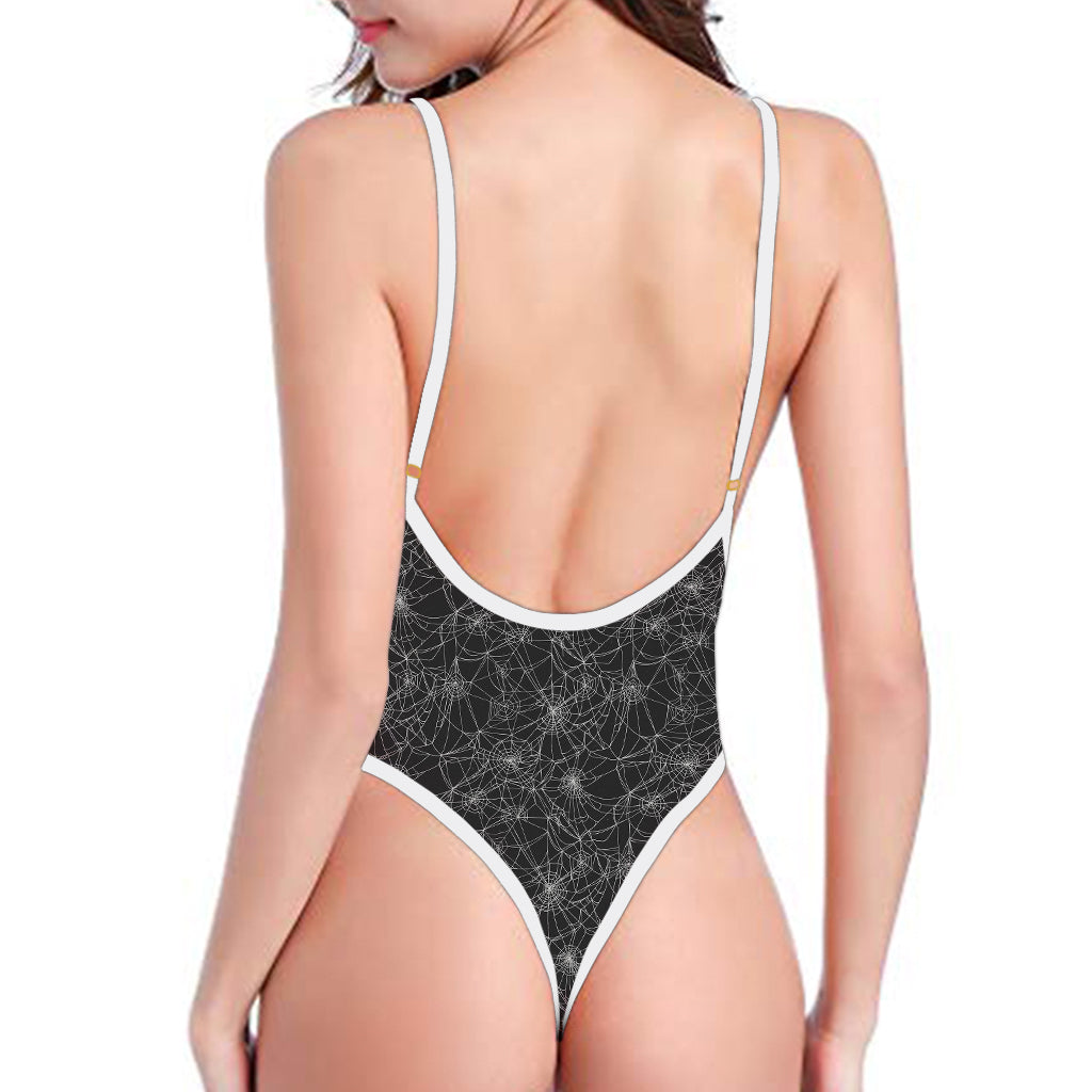 Halloween Cobweb Pattern Print One Piece High Cut Swimsuit