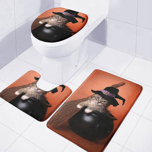Halloween Cute Witch Cat Print 3 Piece Bath Mat Set