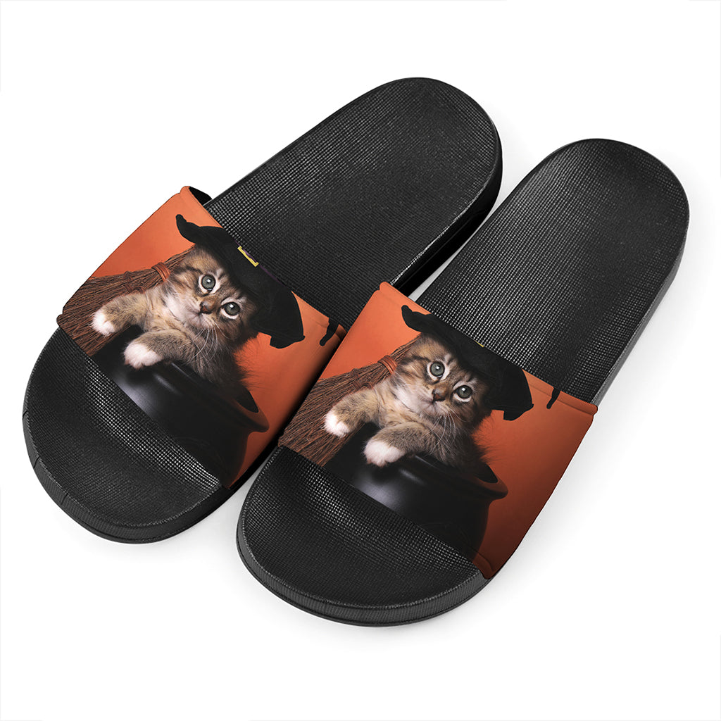 Halloween Cute Witch Cat Print Black Slide Sandals