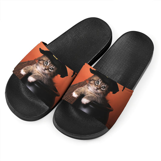 Halloween Cute Witch Cat Print Black Slide Sandals