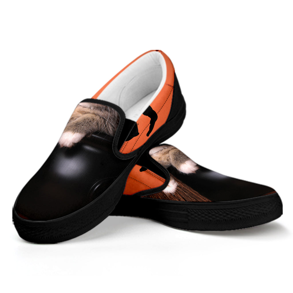 Halloween Cute Witch Cat Print Black Slip On Shoes