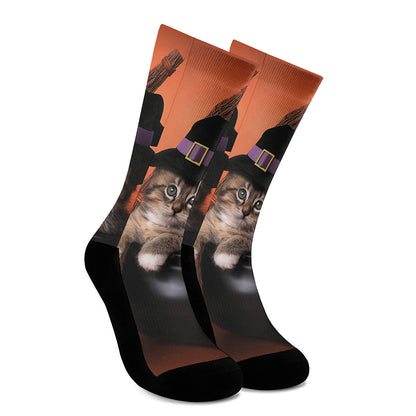 Halloween Cute Witch Cat Print Crew Socks