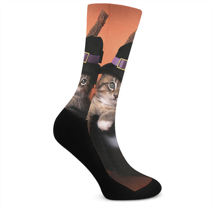 Halloween Cute Witch Cat Print Crew Socks