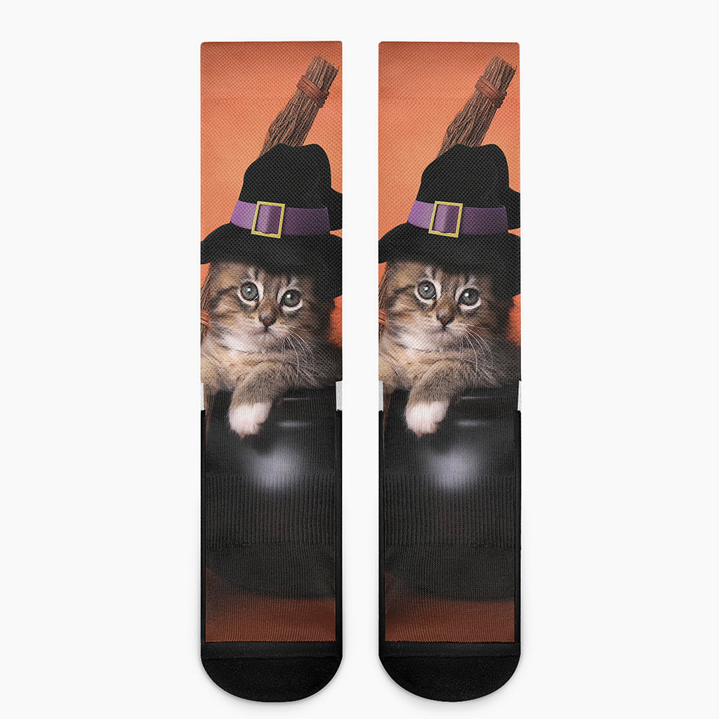 Halloween Cute Witch Cat Print Crew Socks
