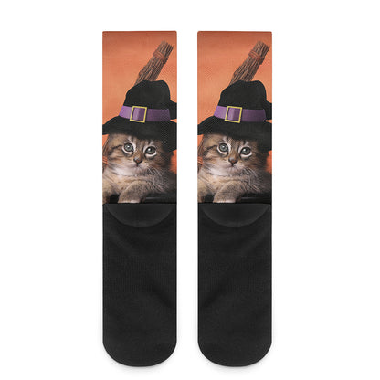 Halloween Cute Witch Cat Print Crew Socks