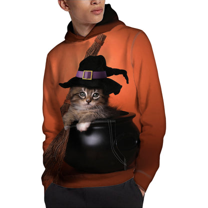 Halloween Cute Witch Cat Print Pullover Hoodie