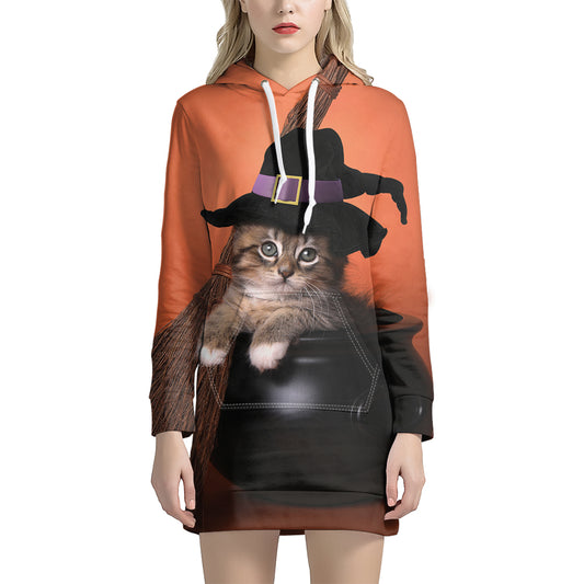 Halloween Cute Witch Cat Print Pullover Hoodie Dress
