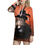 Halloween Cute Witch Cat Print Pullover Hoodie Dress
