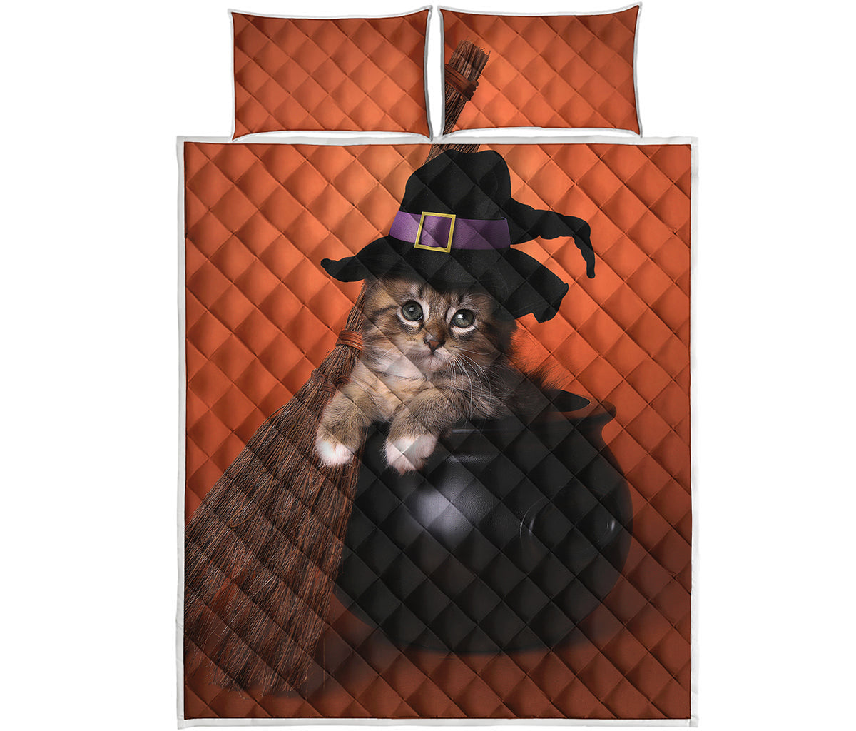 Halloween Cute Witch Cat Print Quilt Bed Set