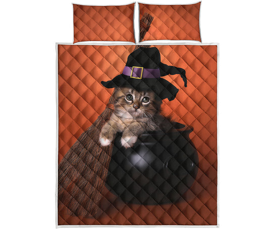 Halloween Cute Witch Cat Print Quilt Bed Set