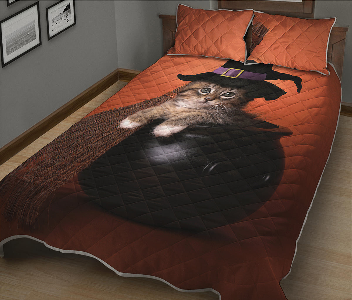 Halloween Cute Witch Cat Print Quilt Bed Set