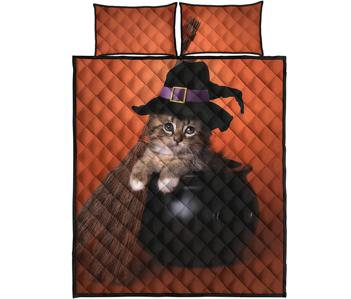 Halloween Cute Witch Cat Print Quilt Bed Set