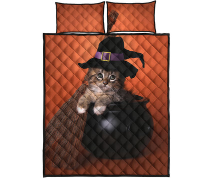 Halloween Cute Witch Cat Print Quilt Bed Set