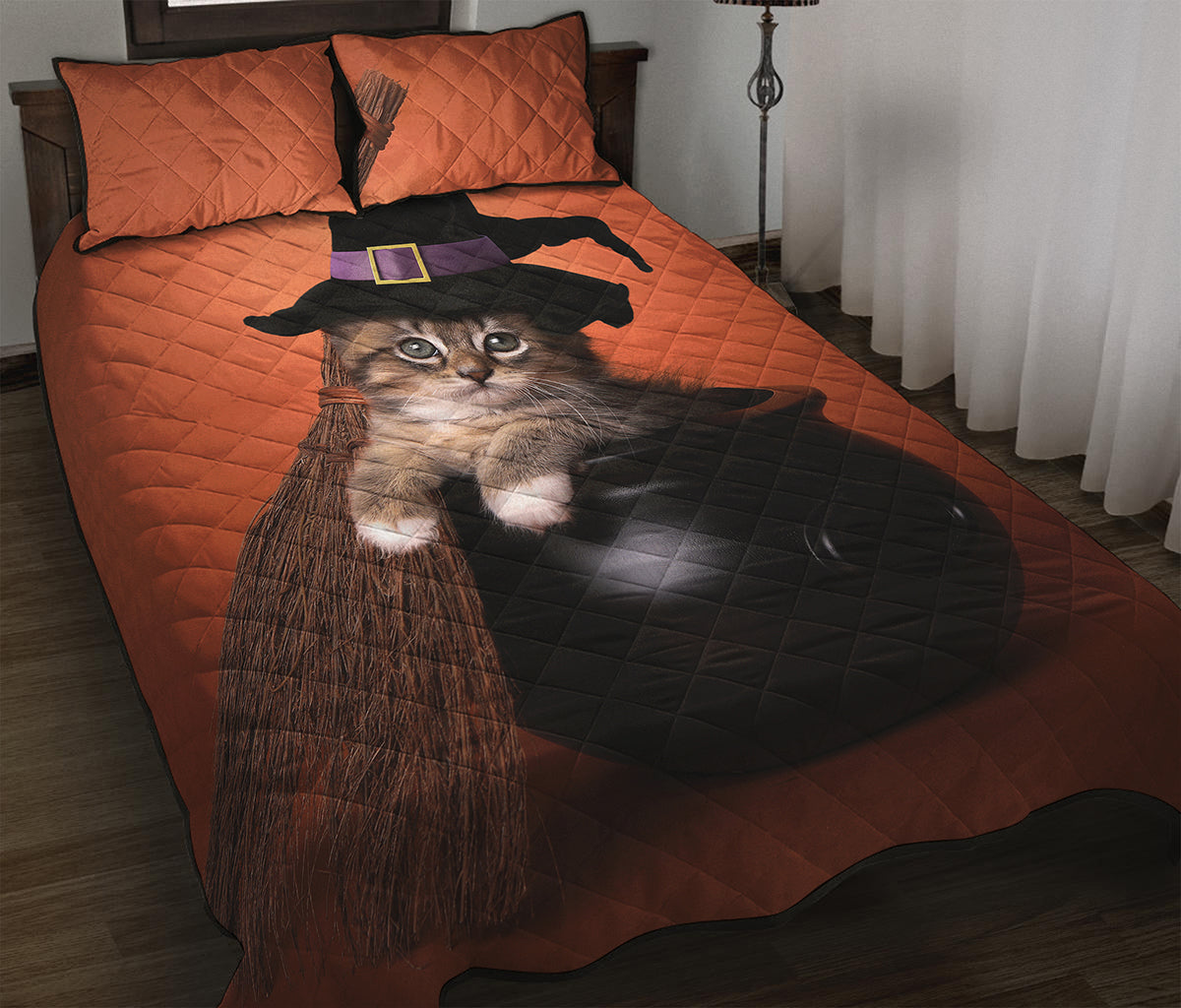 Halloween Cute Witch Cat Print Quilt Bed Set
