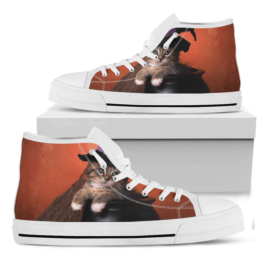 Halloween Cute Witch Cat Print White High Top Shoes