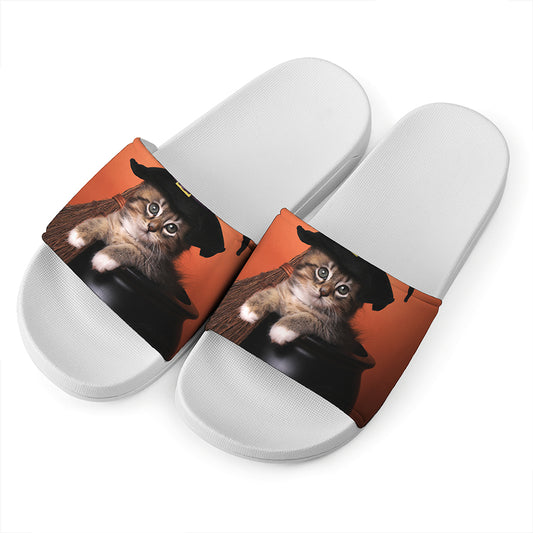 Halloween Cute Witch Cat Print White Slide Sandals