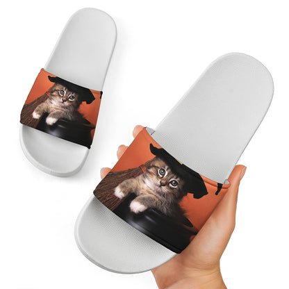 Halloween Cute Witch Cat Print White Slide Sandals