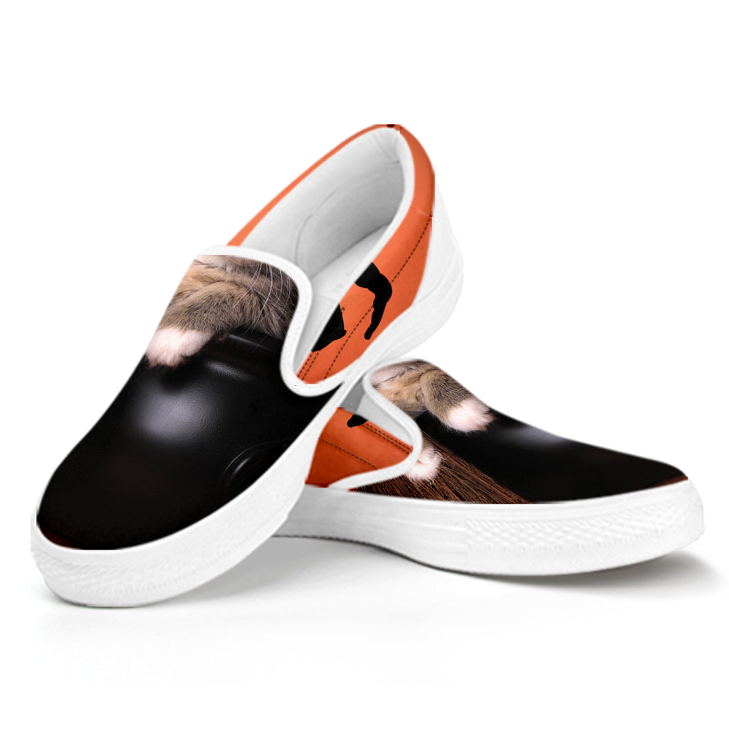 Halloween Cute Witch Cat Print White Slip On Shoes