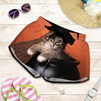 Halloween Cute Witch Cat Print Women's Shorts