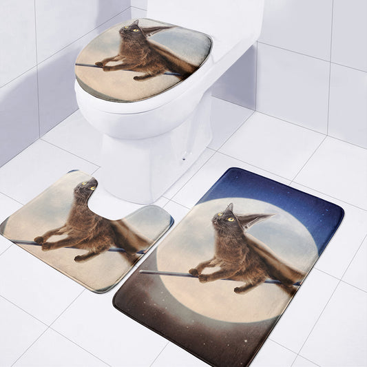 Halloween Flying Witch Cat Print 3 Piece Bath Mat Set