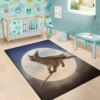 Halloween Flying Witch Cat Print Area Rug