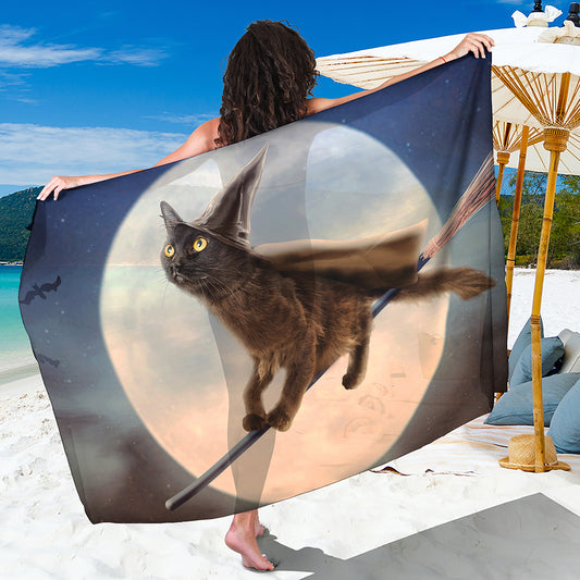Halloween Flying Witch Cat Print Beach Sarong Wrap