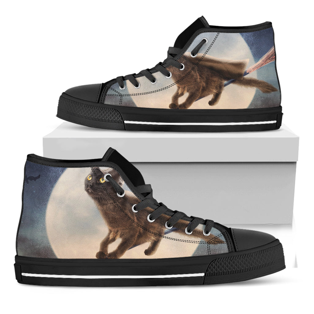 Halloween Flying Witch Cat Print Black High Top Shoes