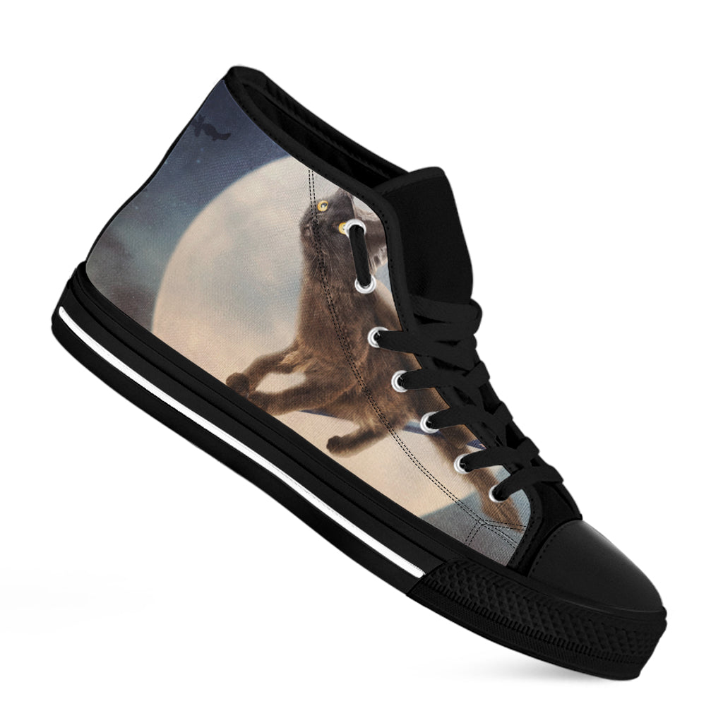 Halloween Flying Witch Cat Print Black High Top Shoes