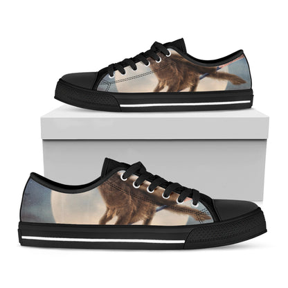 Halloween Flying Witch Cat Print Black Low Top Shoes 