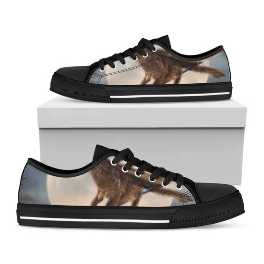 Halloween Flying Witch Cat Print Black Low Top Shoes 