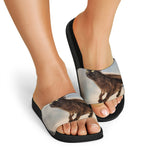 Halloween Flying Witch Cat Print Black Slide Sandals