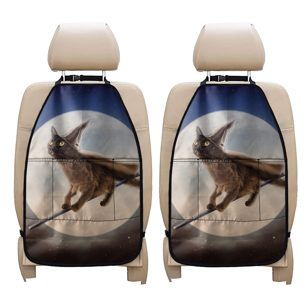 Halloween Flying Witch Cat Print Car Seat Organizers