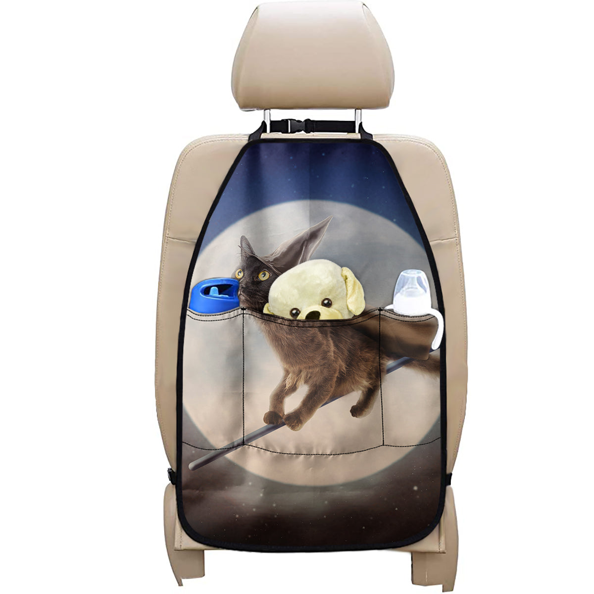 Halloween Flying Witch Cat Print Car Seat Organizers