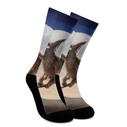 Halloween Flying Witch Cat Print Crew Socks