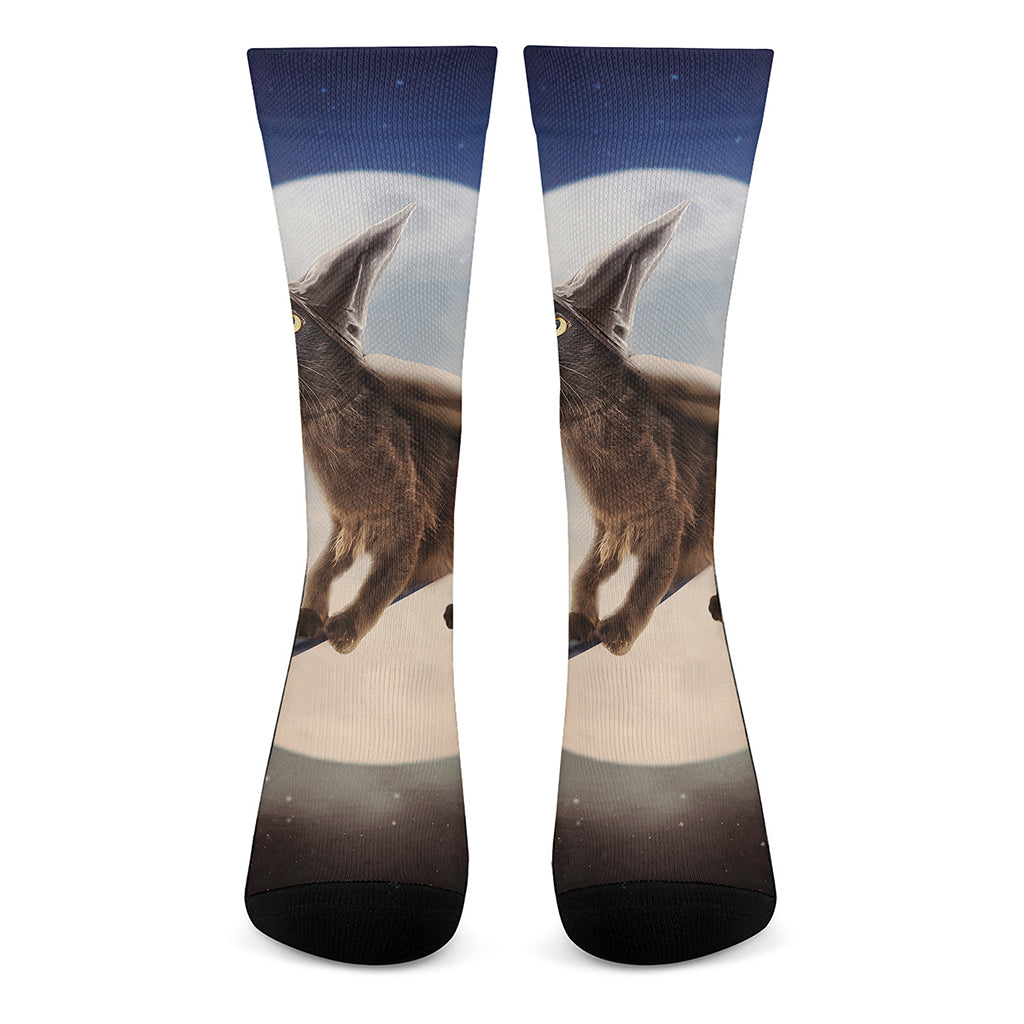 Halloween Flying Witch Cat Print Crew Socks