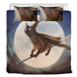 Halloween Flying Witch Cat Print Duvet Cover Bedding Set