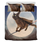 Halloween Flying Witch Cat Print Duvet Cover Bedding Set