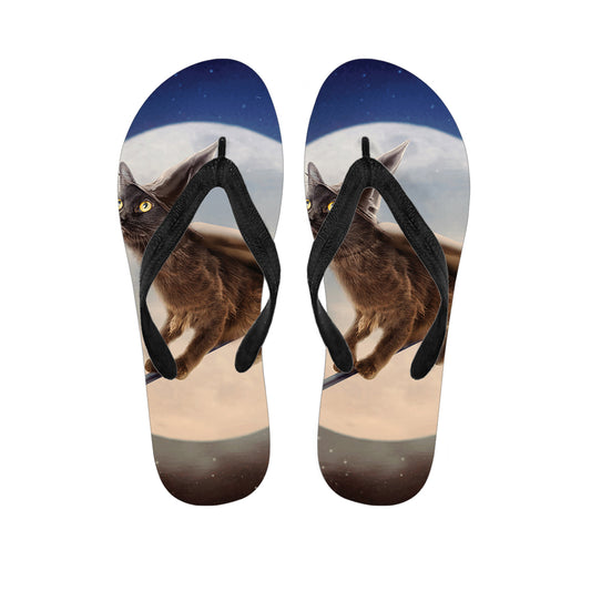 Halloween Flying Witch Cat Print Flip Flops