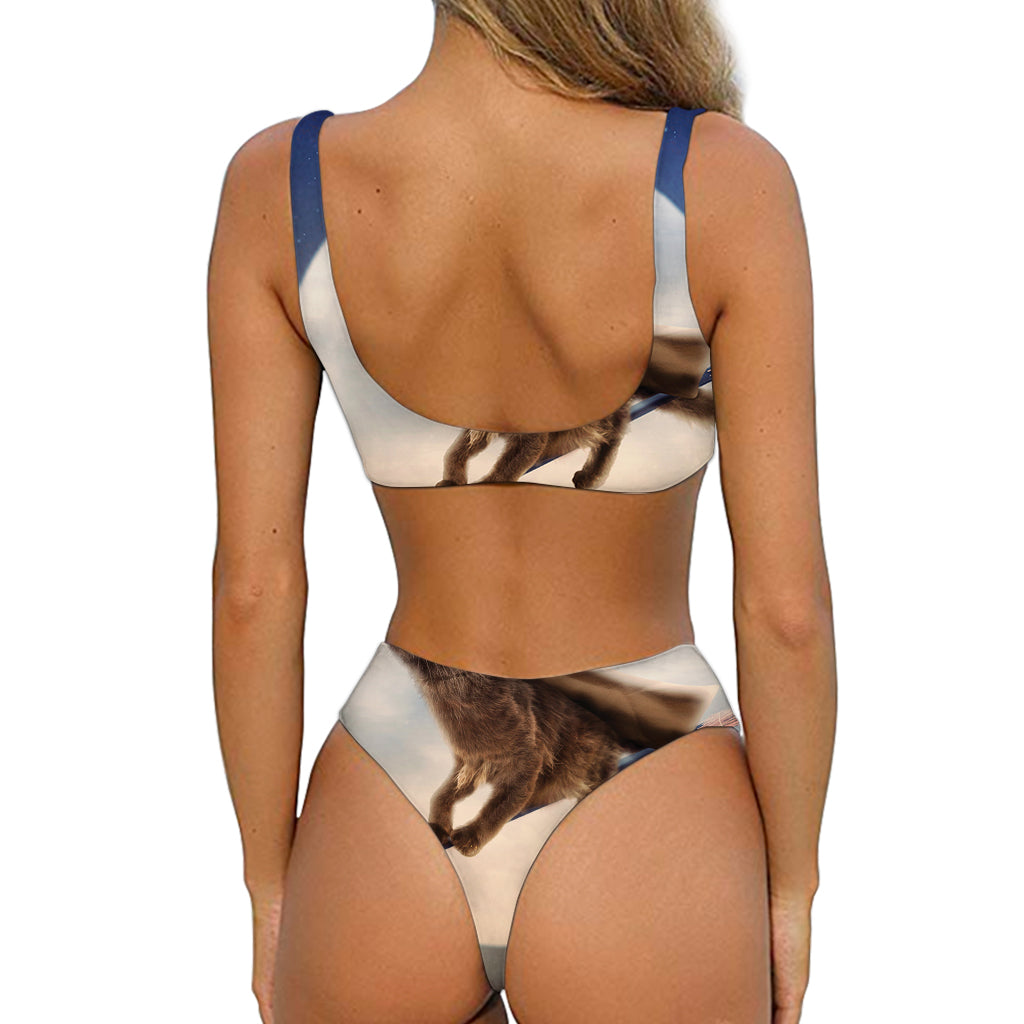 Halloween Flying Witch Cat Print Front Bow Tie Bikini