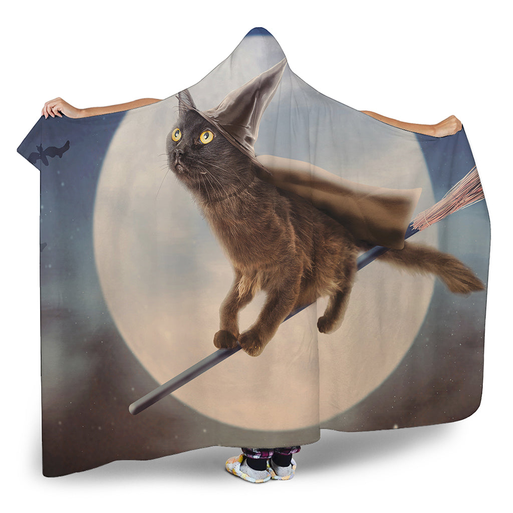 Halloween Flying Witch Cat Print Hooded Blanket
