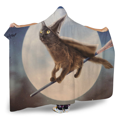 Halloween Flying Witch Cat Print Hooded Blanket