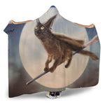 Halloween Flying Witch Cat Print Hooded Blanket