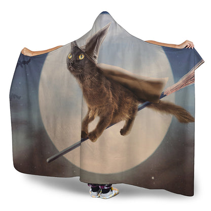 Halloween Flying Witch Cat Print Hooded Blanket