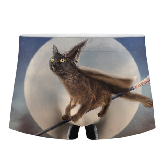 Halloween Flying Witch Cat Print Men's Boxer Briefs
