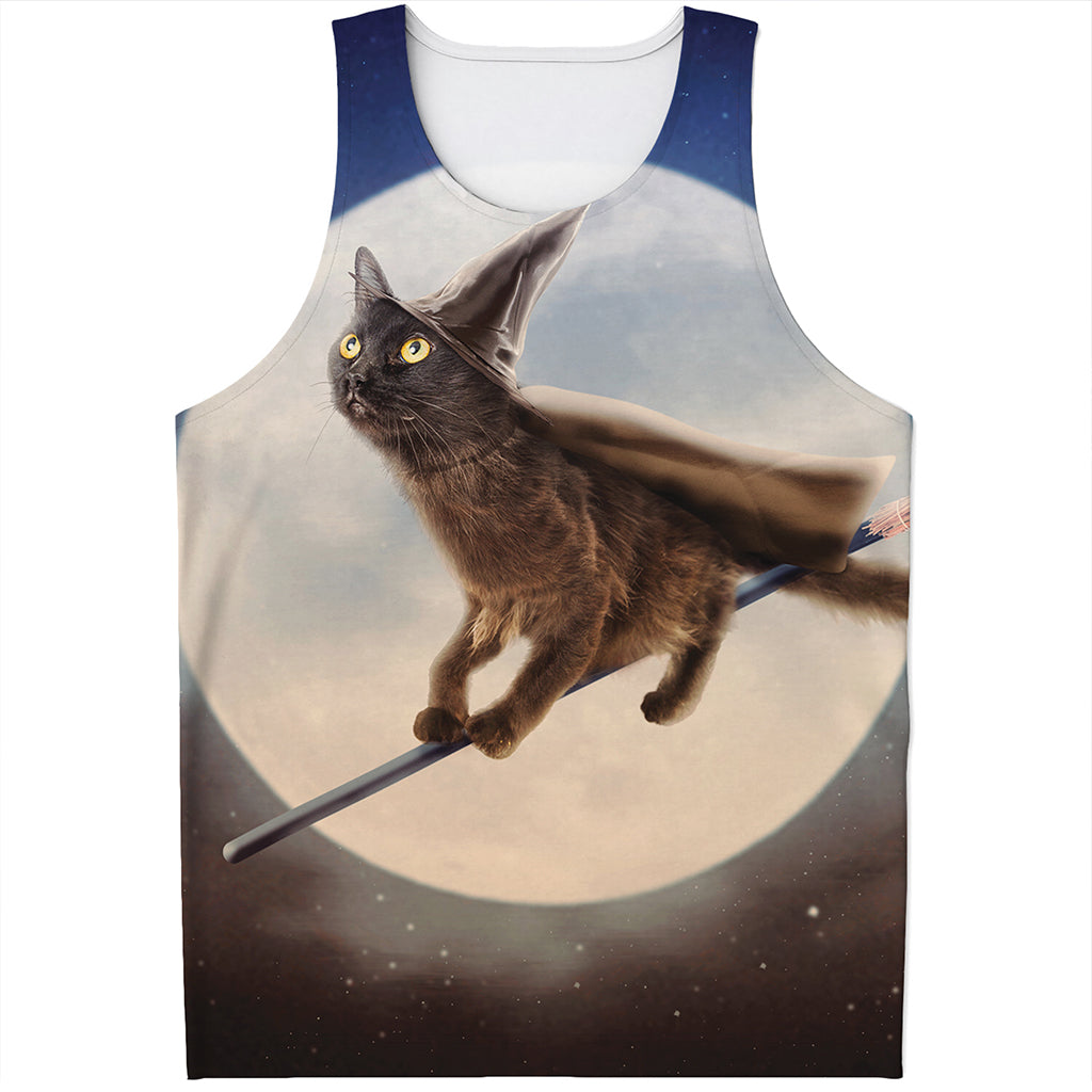 Halloween Flying Witch Cat Print Men's Tank Top