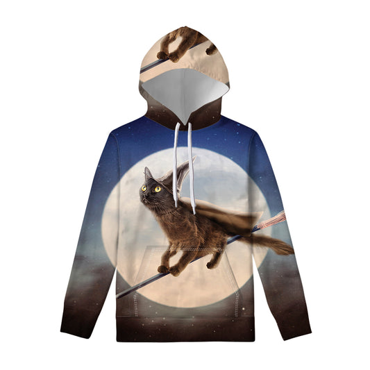 Halloween Flying Witch Cat Print Pullover Hoodie