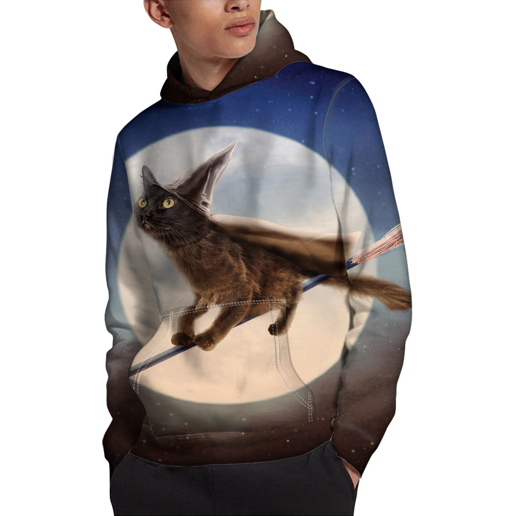 Halloween Flying Witch Cat Print Pullover Hoodie