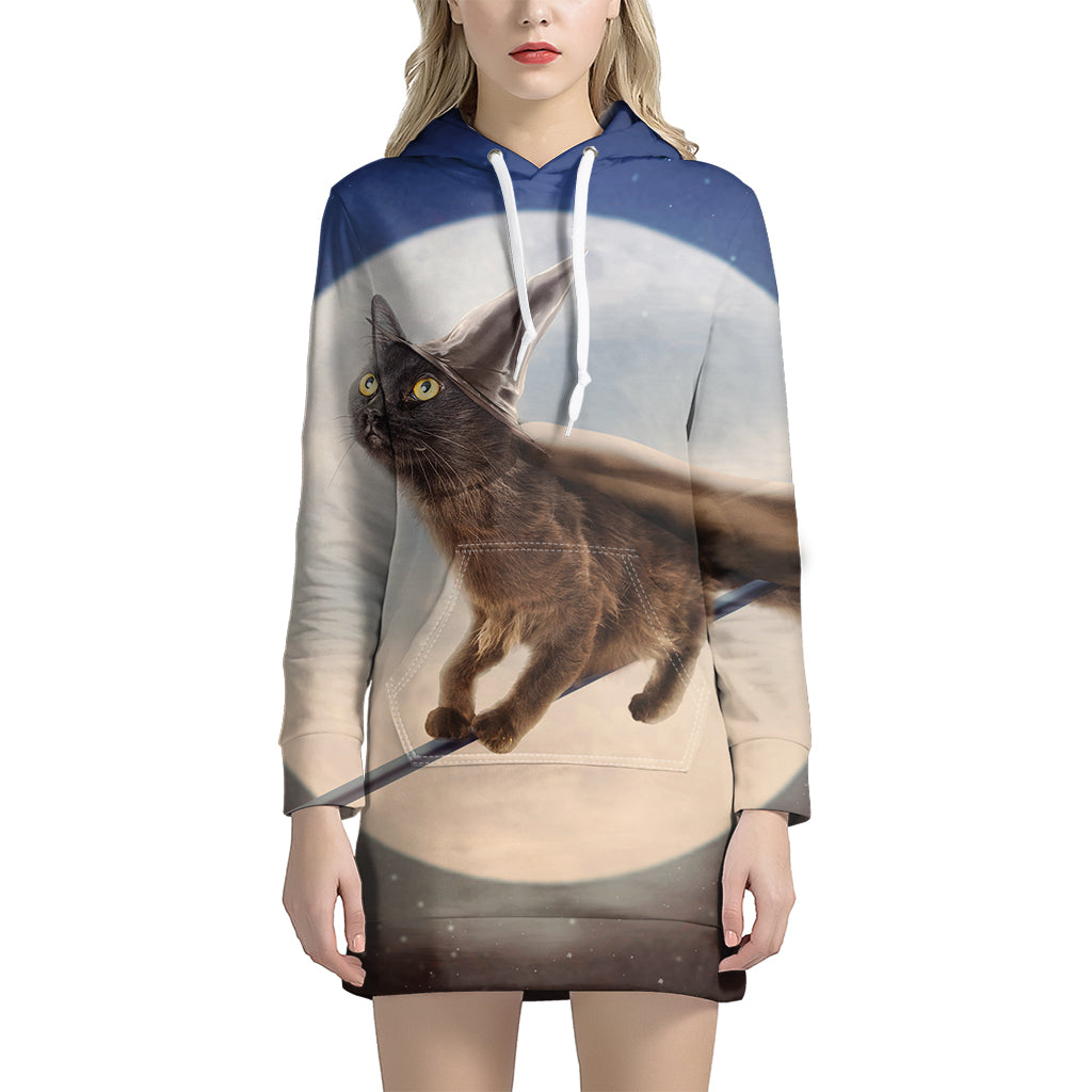 Halloween Flying Witch Cat Print Pullover Hoodie Dress