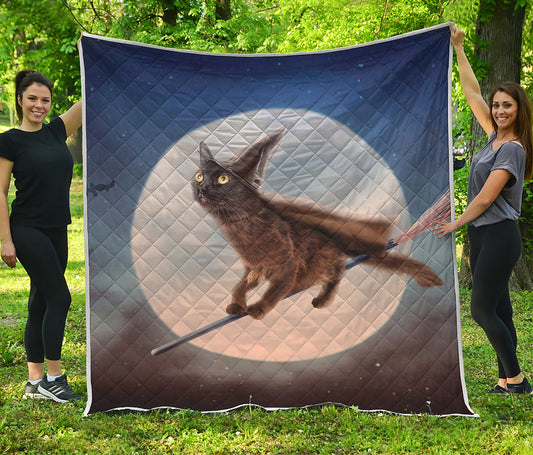 Halloween Flying Witch Cat Print Quilt