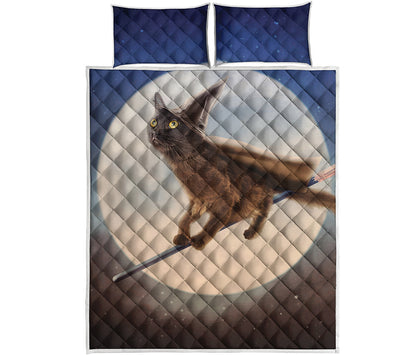 Halloween Flying Witch Cat Print Quilt Bed Set